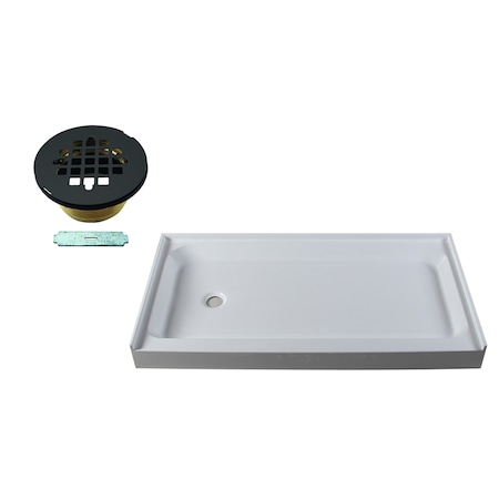 Westbrass Shower Pan 60 x 34 3-Wall W/ Left Hand Solid Brass Drain W/ Modern Cross Grid in Matte Black HPG6034LWHB-62